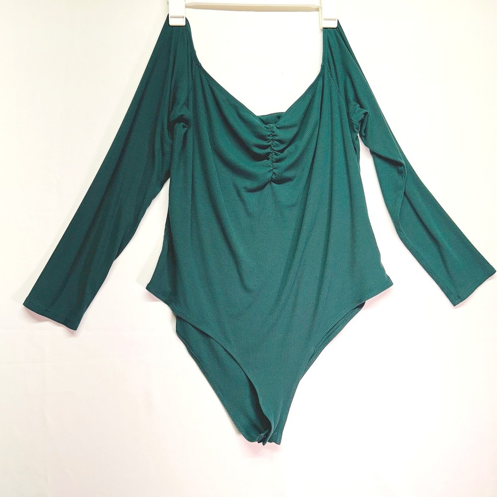 Shein Curve 4XL Forest Dark Green Ribbed Long Sleeve Stretch Body Suit Plus